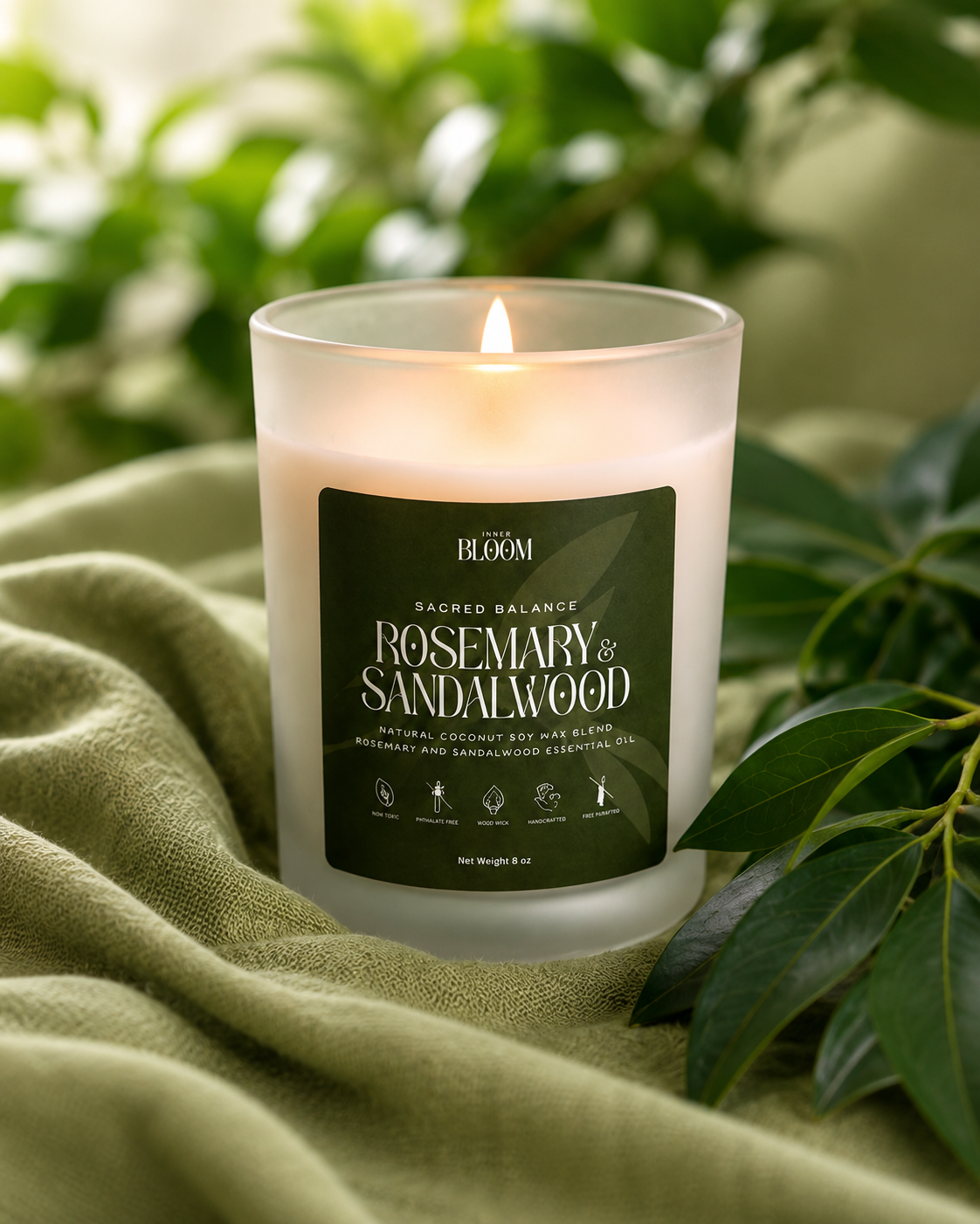 Sandalwood Rosemary Candle | Grounding Natural Coconut-Soy Wax Candle | Inner Bloom